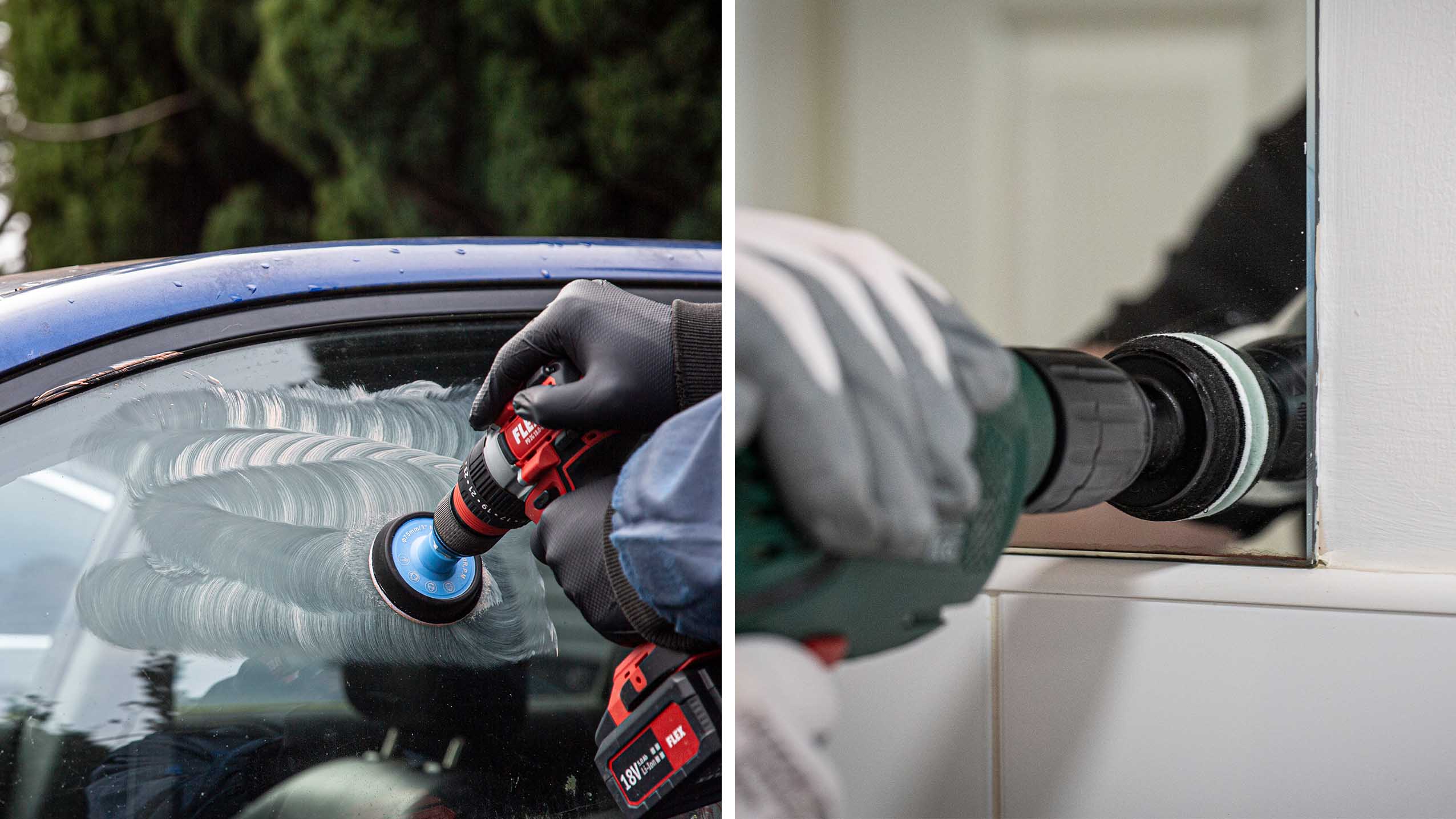 Using GP-PRO Glass Polishing Compound with a drill on a car side window and a bathroom mirror