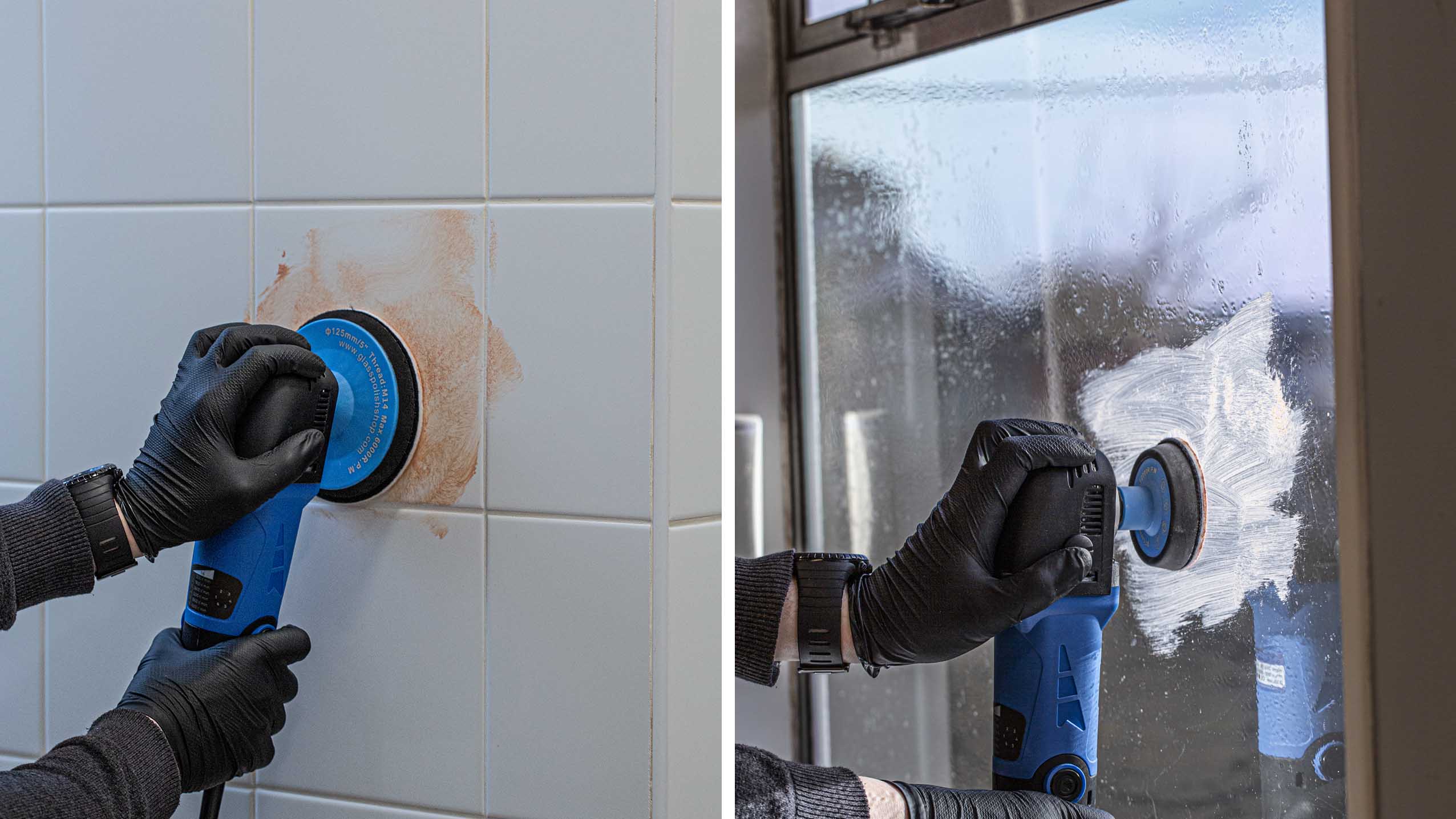 Using GP-PRO Glass Polishing Compound with a rotary polisher on bathroom tiles and a glass window