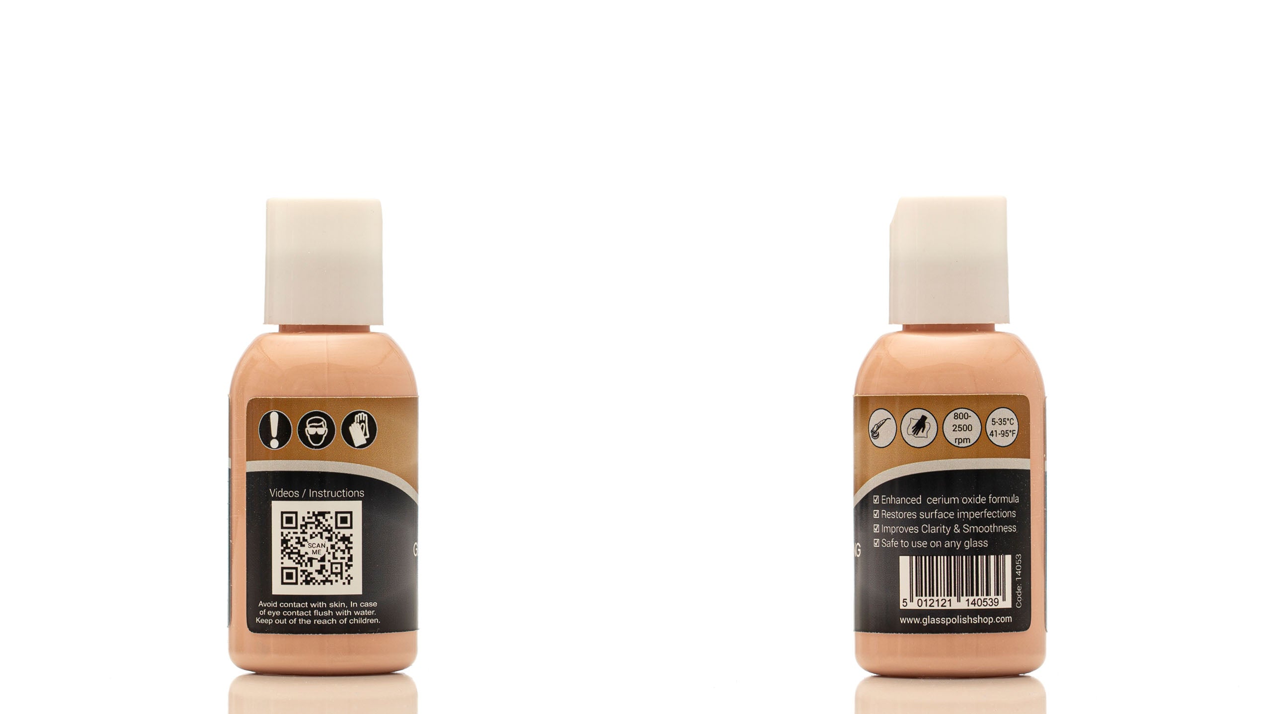 GP-PRO Glass Polishing Compound bottle showing QR code, barcode and rear label