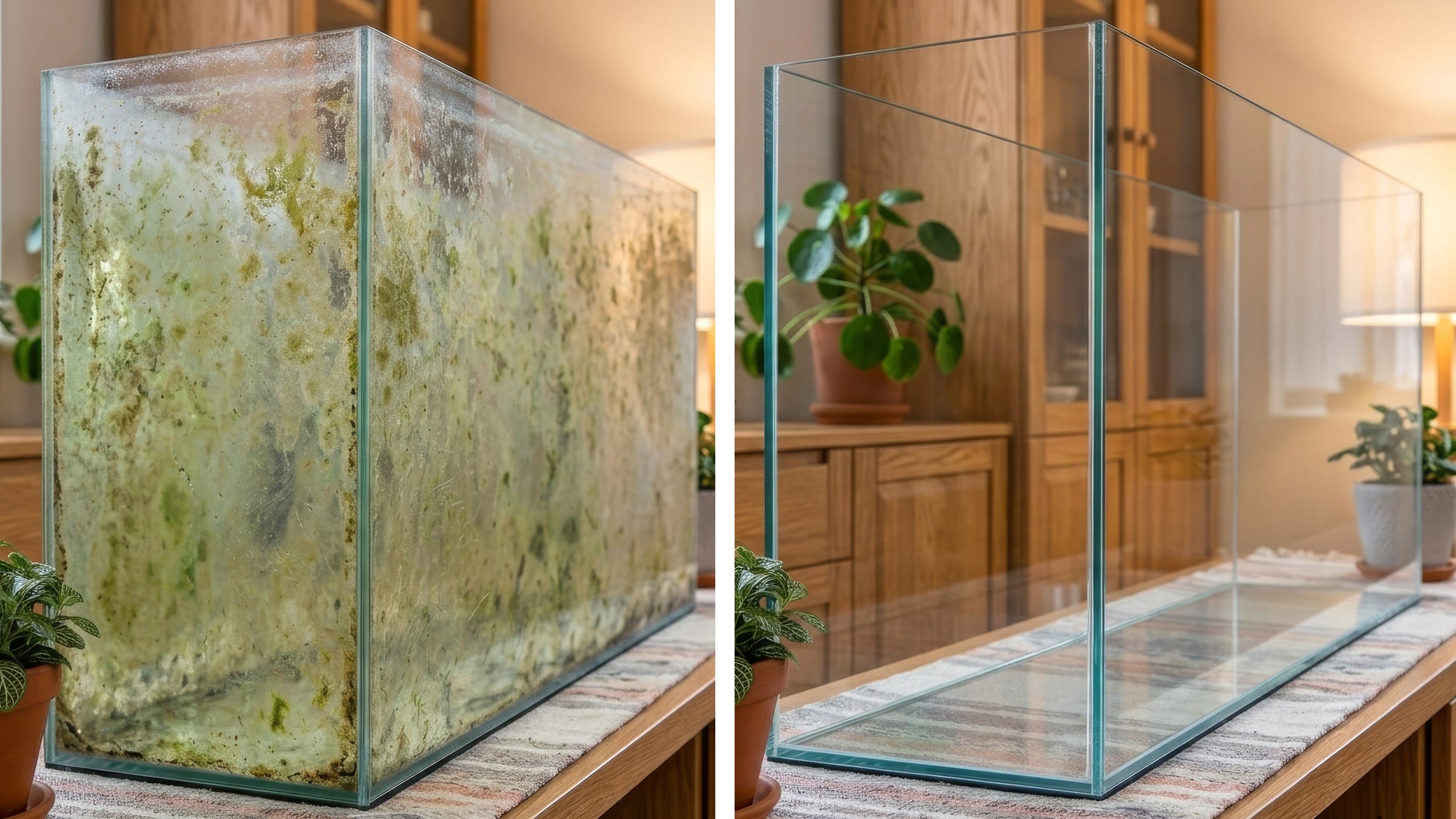 Fish tank glass algae stain removal before and after using GP-PRO Glass Polishing Compound