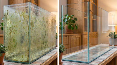 Fish tank glass algae stain removal before and after using GP-PRO Glass Polishing Compound