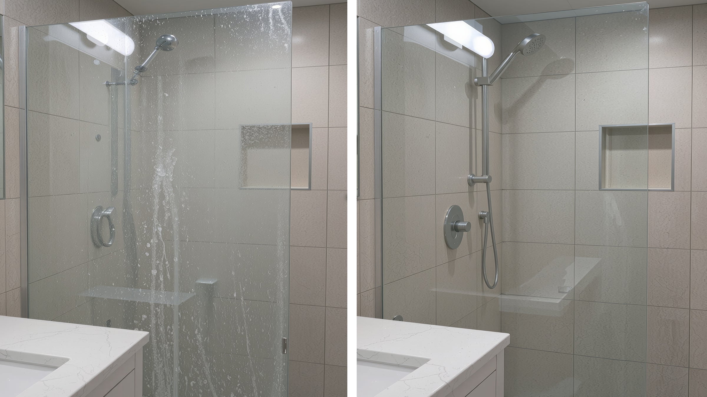 Shower screen limescale deposit removal before and after using GP-PRO Glass Polishing Compound