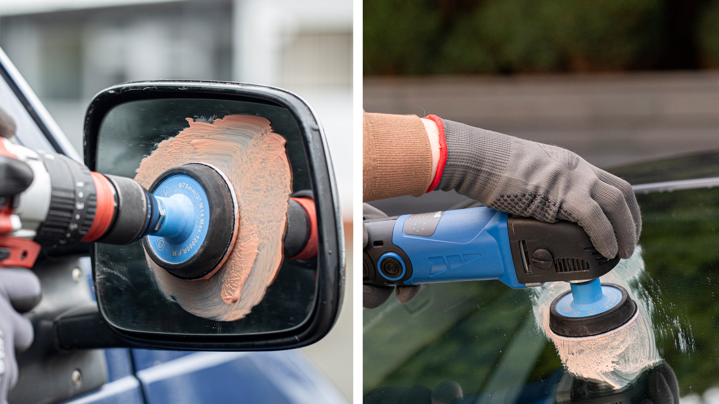Using GP-PRO Glass Polishing Compound with a drill on a car mirror and a rotary polisher on a windscreen
