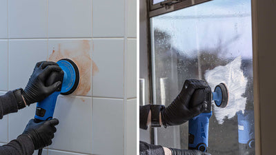 Using GP-PRO Glass Polishing Compound with a rotary polisher on bathroom tiles and a glass window