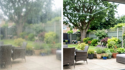 Patio door water stain removal before and after using GP-PRO Glass Polishing Compound